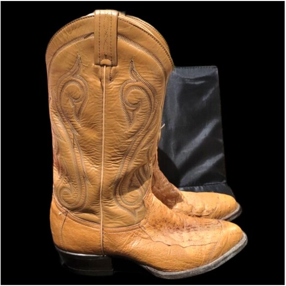 Vintage Tony Lama Light Brown Ostrich Quill Leather Cowboy Boots 8.5 D - Picture 1 of 11